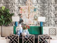 Black and White Eclectic Dining Room With Graphic Wallpaper