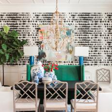 Black and White Eclectic Dining Room With Graphic Wallpaper