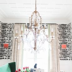 White Eclectic Dining Room With Chandelier