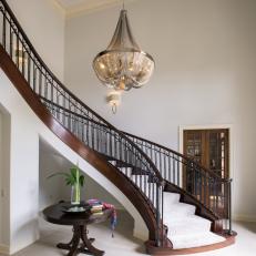 Neutral Transitional Foyer With Silver Chandelier