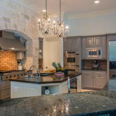Gray Transitional Kitchen With Chandeliers