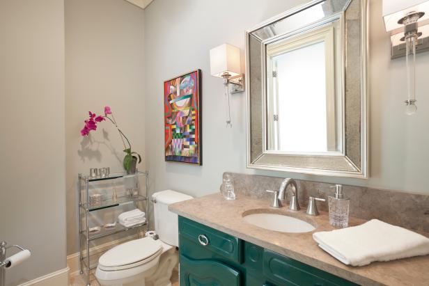 Gray Transitional Powder Room With Green Vanity | HGTV