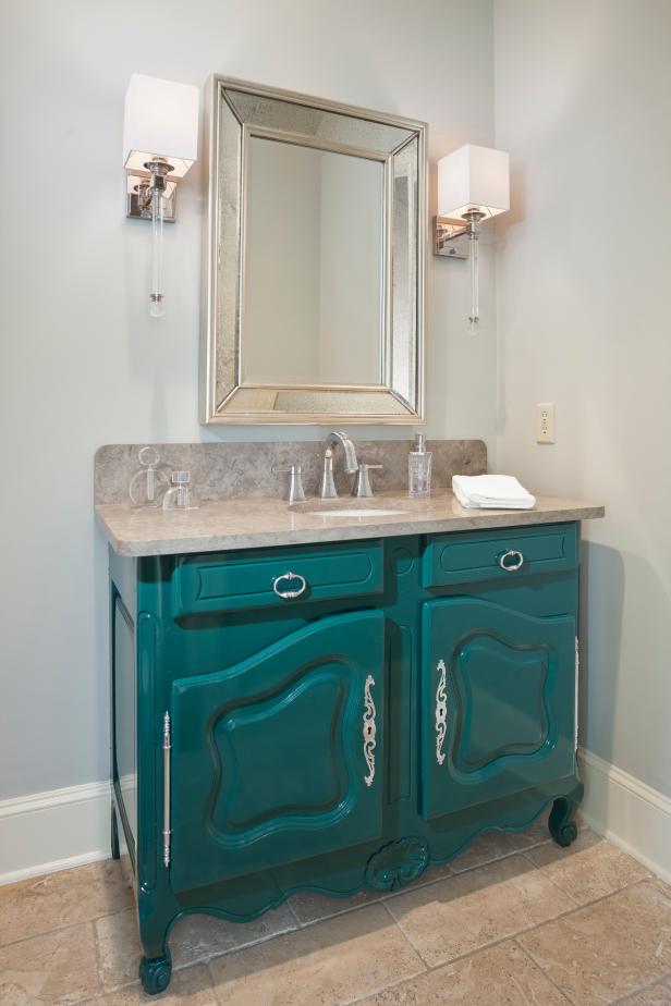 Teal Vanity Cabinets In Transitional Powder Room