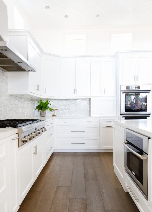 White Transitional Kitchen With Marble Backsplash | HGTV