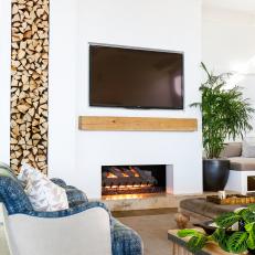 White Eclectic Living Room With Modern Fireplace