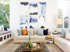 Neutral Eclectic Living Room With Linen Couch