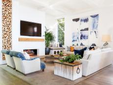 White And Blue Bohemian Coastal Living Room With Fireplace