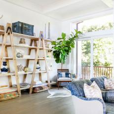 White Eclectic Great Room With Ladder Shelf