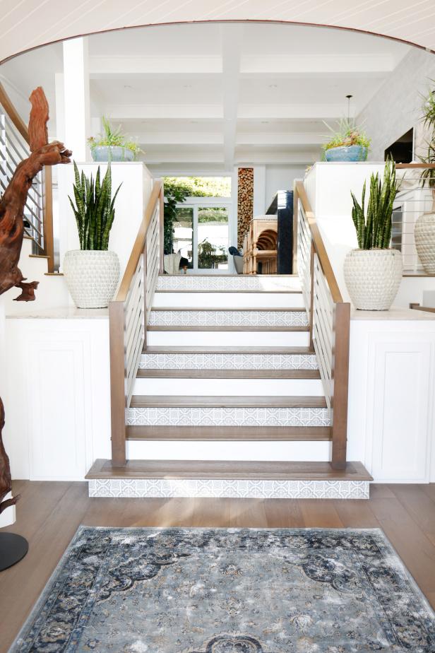 White Eclectic Entry Stairs With Tile Step Risers HGTV