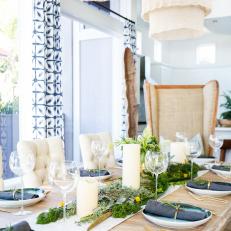 Eclectic Blue And White Dining Room With Elegant Tablescape