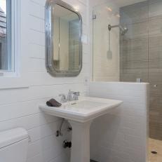 Gray and White Bathroom With Pedestal Sink