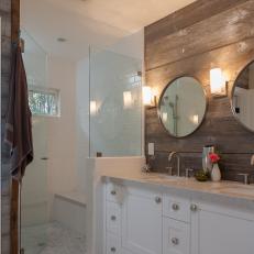 White Rustic Bathroom With Wood Paneling
