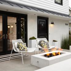 White Contemporary Patio With Fire Pit