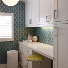 Blue and White Contemporary Laundry Room With Barstool