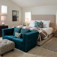 Gray Transitional Bedroom With Blue Sofa