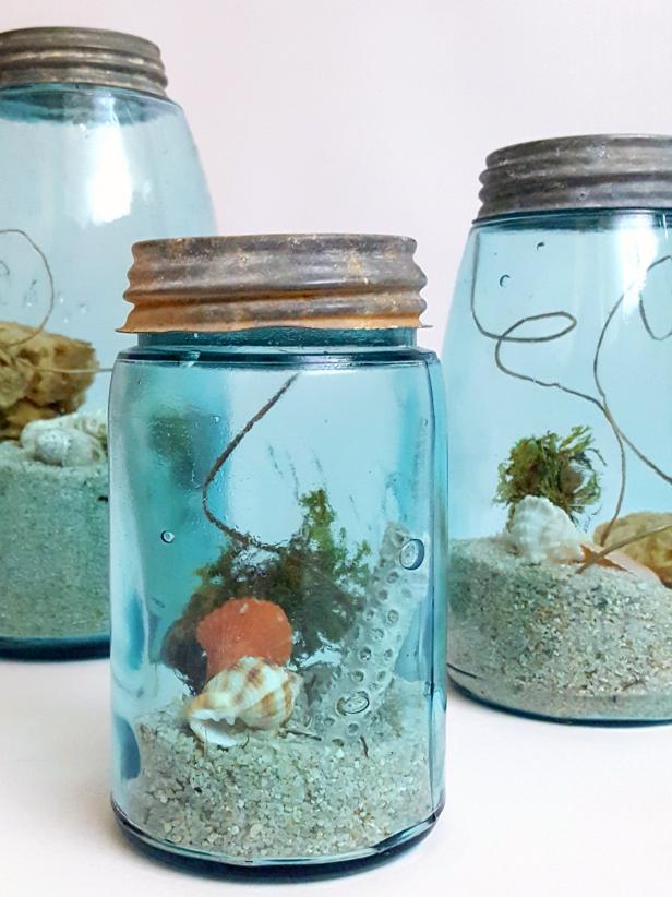 Blue Mason Jars With Sand and Shells