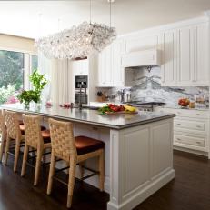 White Open Plan Transitional Kitchen With Barstools