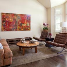 Neutral Transitional Living Room With Red Art
