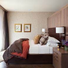 Brown Contemporary Bedroom With Orange Duvet