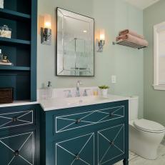 Contemporary Bathroom With Freestanding Navy Blue Vanity