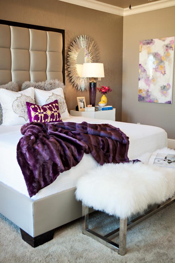 Gold Art Deco Master Bedroom With Fur Bench | HGTV