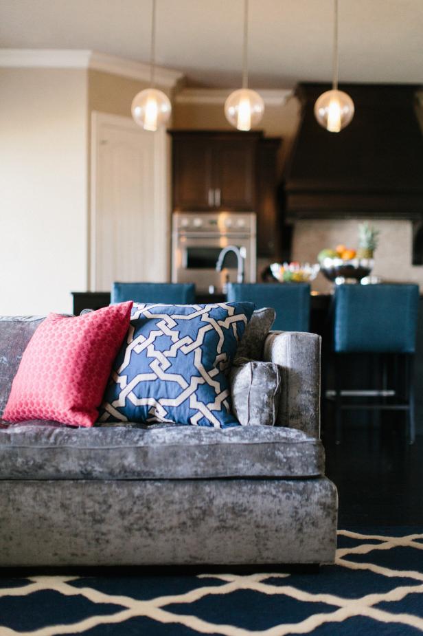 Gray Sofa With Pink and Blue Pillows HGTV