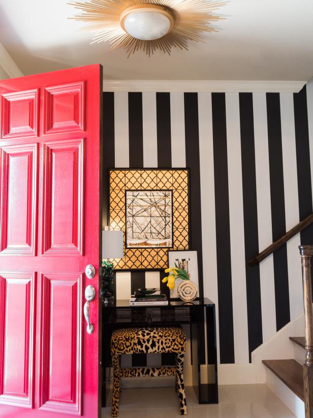 Red Front Door and Striped Foyer