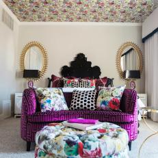 Multicolored Eclectic Master Bedroom With Purple Sofa