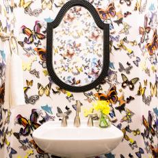 Powder Bathroom With Butterfly Wallpaper