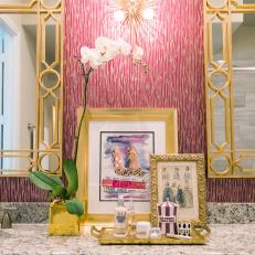 Glam Master Bathroom With Hot Pink Wallpaper