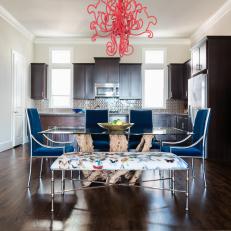Open Plan Dining Room With Red Chandelier