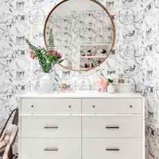 Round Mirror and White Dresser in Contemporary Animal Themed Nursery