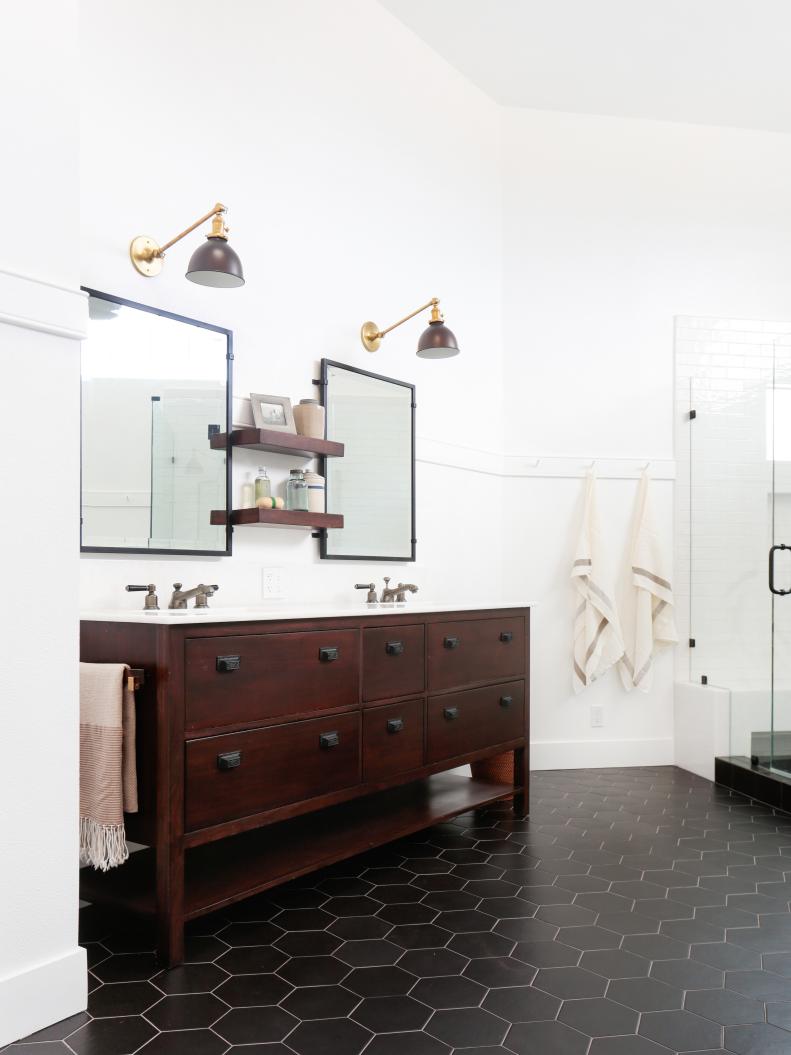 Black Hexagon Tile and Double Vanity in Master Bathroom