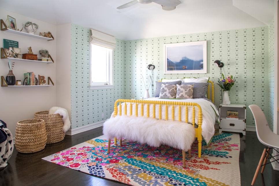 Eclectic Tween Bedroom With Yellow Bed