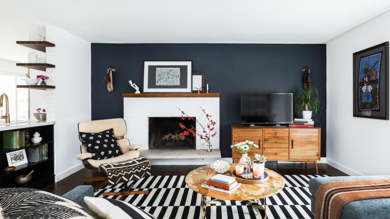Midcentury Modern Living Room with Charcoal Accent Wall 