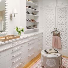 Contemporary Walk In Closet With Decorative Double Door Closet, Rose Pink Rug and Open Shelf Shoe Storage 