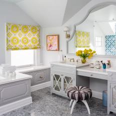 Spacious Transitional Bathroom With Patterned Yellow Roman Shades, Built In Bathtub and Large Vanity 