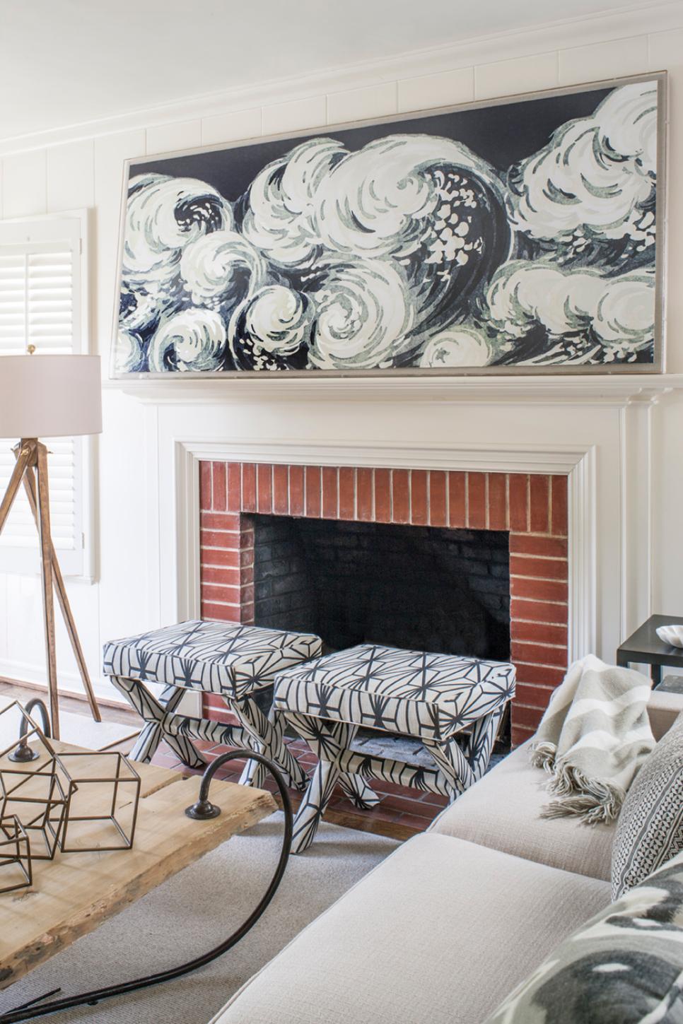 Brick Fireplace and Black and White Wave Mantel Artwork in Contemporary