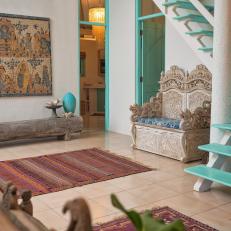 Entryway Features Tiled Floor, Ornate Loveseat & Aqua Accents