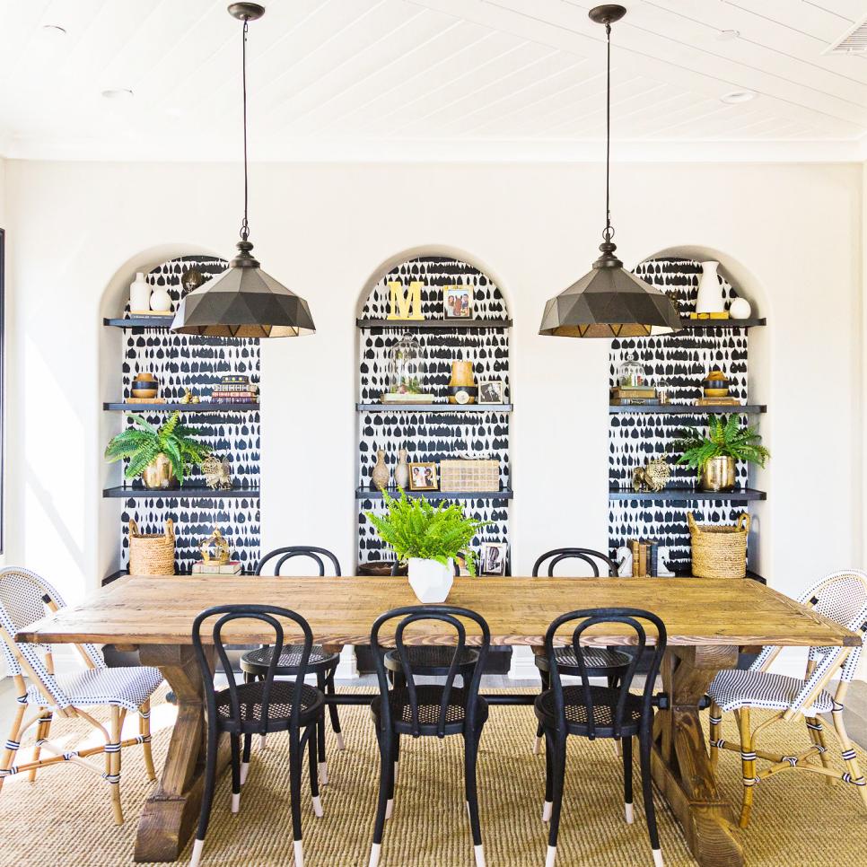 Neutral Transitional Dining Room With Black & White Accents