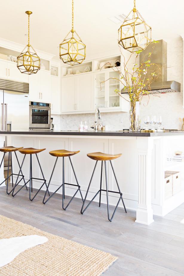 Transitional Kitchen With White Cabinets, Wood & Metal Barstools