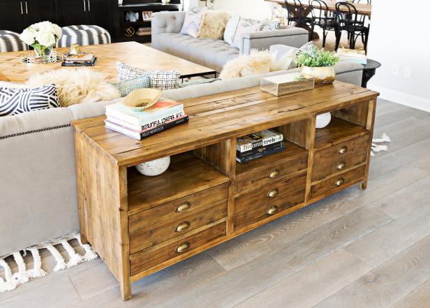 Medium Wood Table With Drawers Behide Neutral Sofa