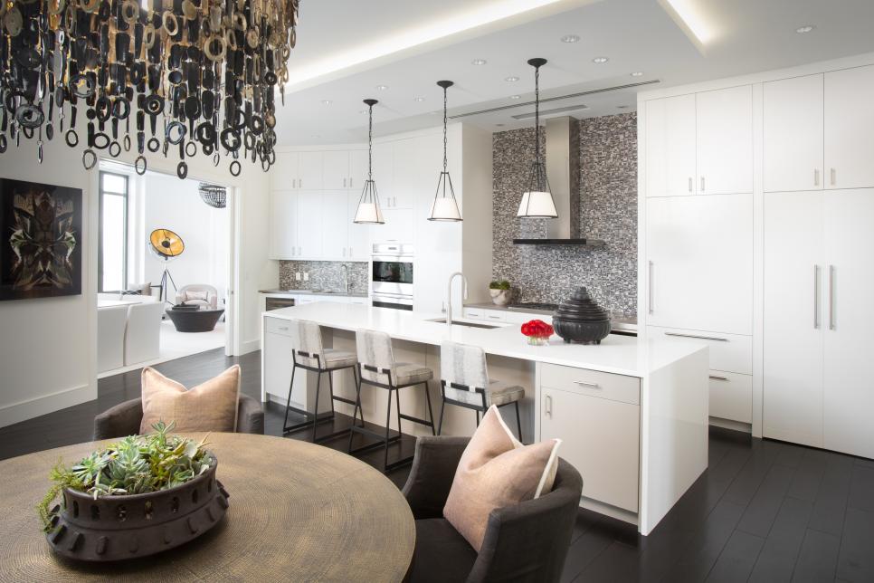 White Contemporary Kitchen With White Cabinets & Dark Floors