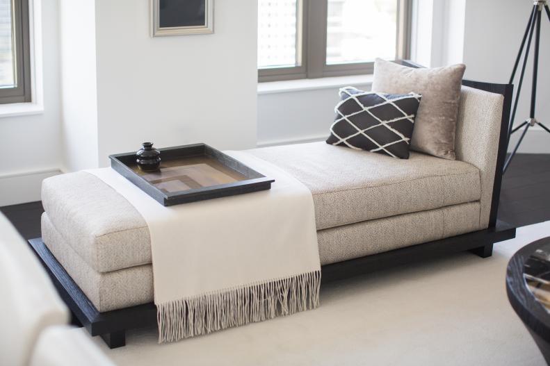 Neutral & Black Chaise With Throw, Pillows and Tray