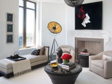 White Contemporary Living Space With Neutral, Red and Black Accents