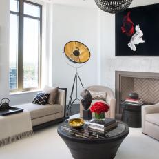 Living Area Features Custom Carved Wood Table With Marble Top