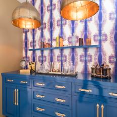 Lacquered Cabinetry, Graphic Wallpaper Transforms Once Closet Into Inviting Wine Bar