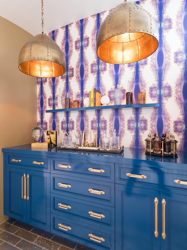 Wet Bar With Blue Lacquered Cabinetry