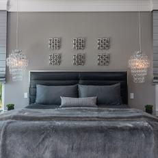 Gray Contemporary Master Bedroom With Pendant Lights