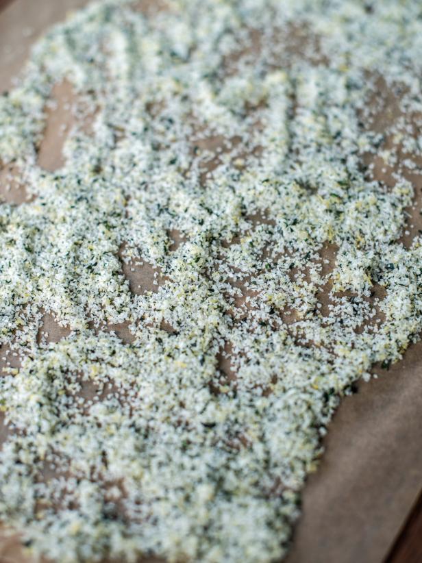 Step 4: Dry SaltDump lemon thyme salt onto parchment paper-lined baking pan or sheet.  Spread out with fingers and allow salt to dry for eight hours.